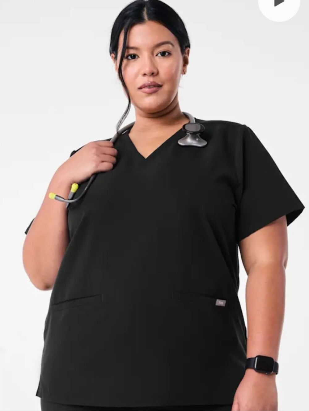 FIGS Women Catarina Scrub Top Black One Pocket Stretch Short Sleeve V Neck